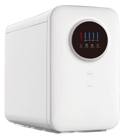 Osmoseur flux direct Talassa E400 blanc, écran circulaire digital en façade, vue trois quarts